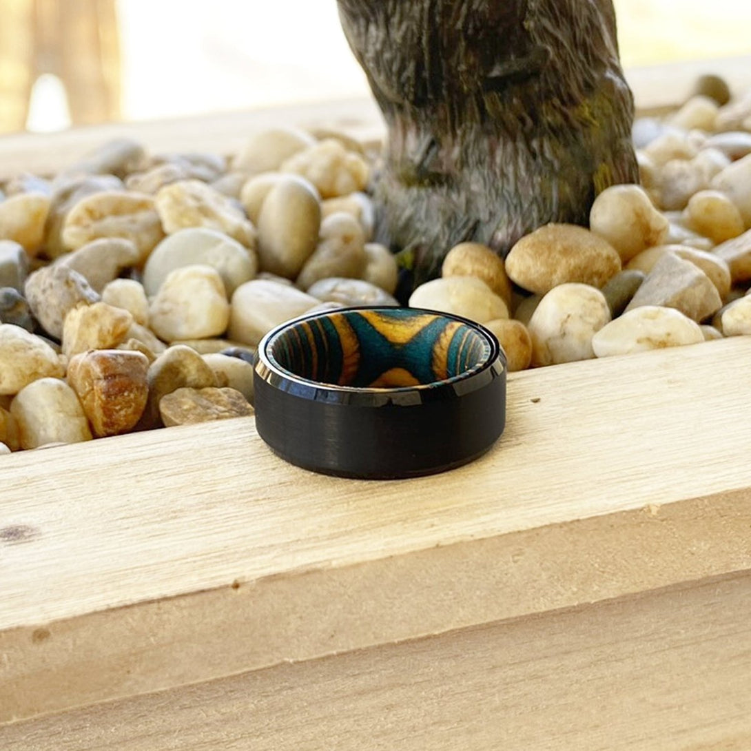 DAMON | Green and Yellow Wood, Black Tungsten Ring, Brushed, Beveled - Rings - Aydins Jewelry - 6