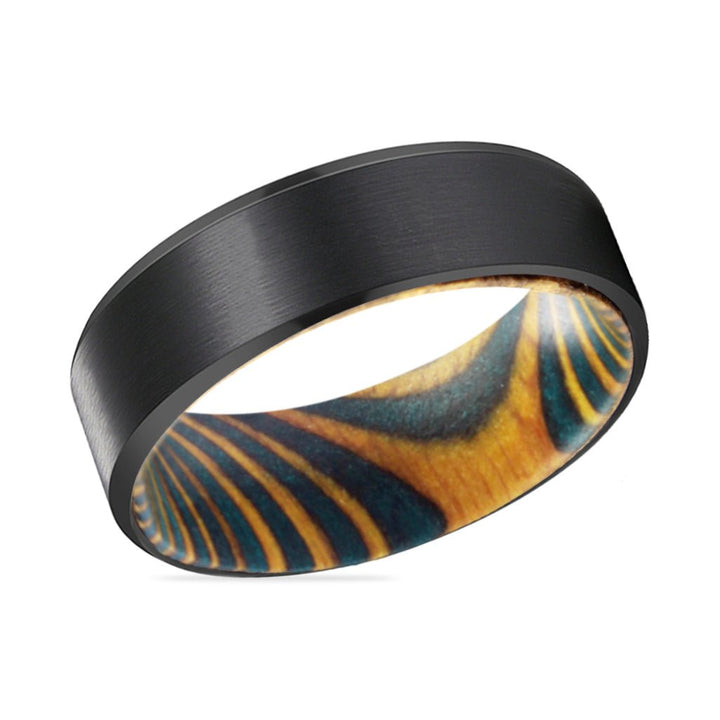 DAMON | Green and Yellow Wood, Black Tungsten Ring, Brushed, Beveled - Rings - Aydins Jewelry - 2