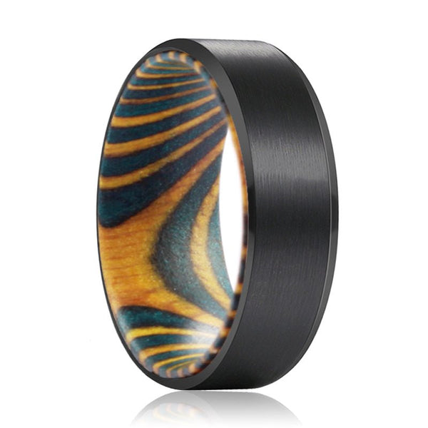 DAMON | Green and Yellow Wood, Black Tungsten Ring, Brushed, Beveled - Rings - Aydins Jewelry - 1