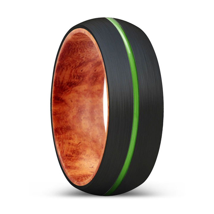 DARBY | Red Burl Wood, Black Tungsten Ring, Green Groove, Domed - Rings - Aydins Jewelry - 1