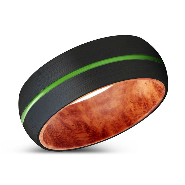 DARBY | Red Burl Wood, Black Tungsten Ring, Green Groove, Domed - Rings - Aydins Jewelry - 2