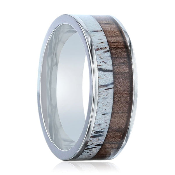DARBY | Silver Titanium Ring, Deer Antler and Black Walnut Wood Inlay, Flat - Rings - Aydins Jewelry - 1