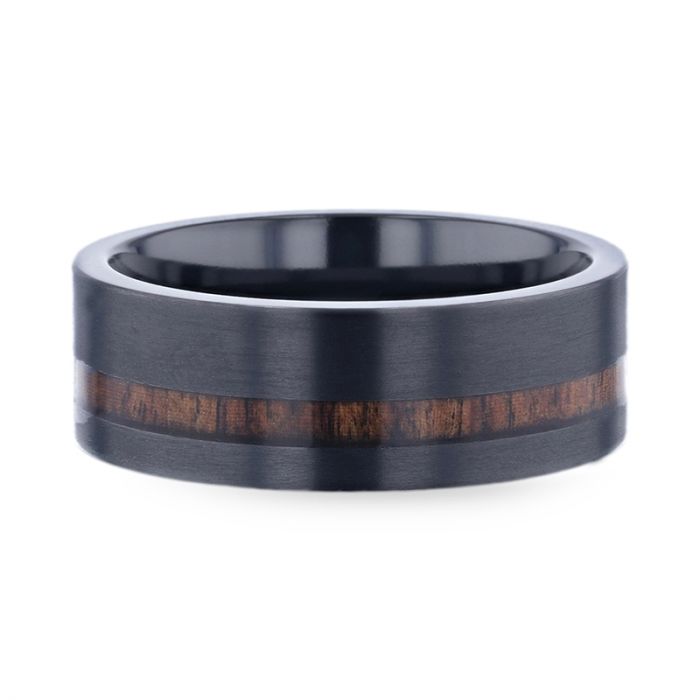 DARING | Black Titanium Ring, Off-Set Koa Wood Inlay, Flat - Rings - Aydins Jewelry - 3