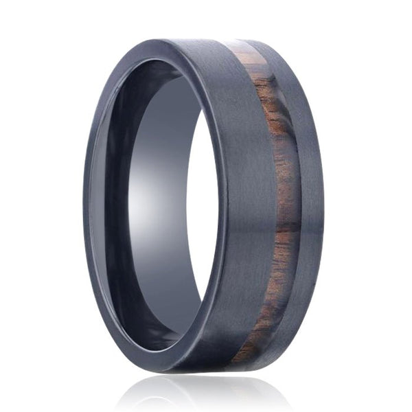 DARING | Black Titanium Ring, Off-Set Koa Wood Inlay, Flat - Rings - Aydins Jewelry - 1