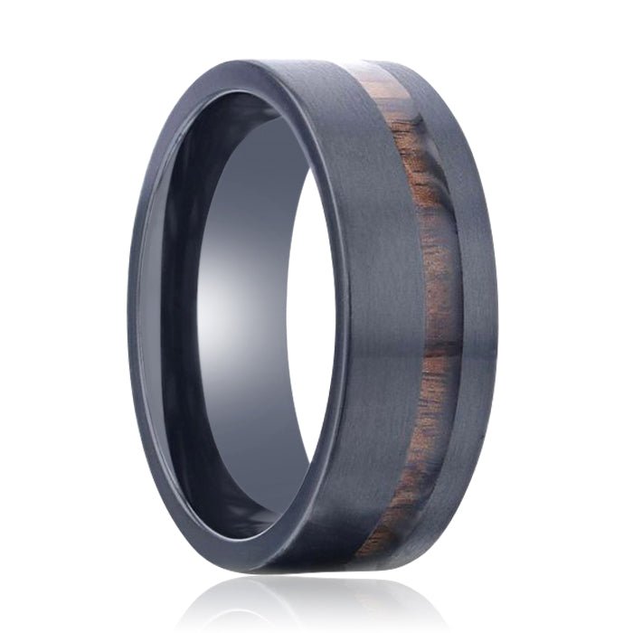 DARING | Black Titanium Ring, Off-Set Koa Wood Inlay, Flat