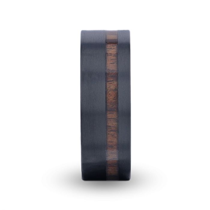 DARING | Black Titanium Ring, Off-Set Koa Wood Inlay, Flat - Rings - Aydins Jewelry - 2