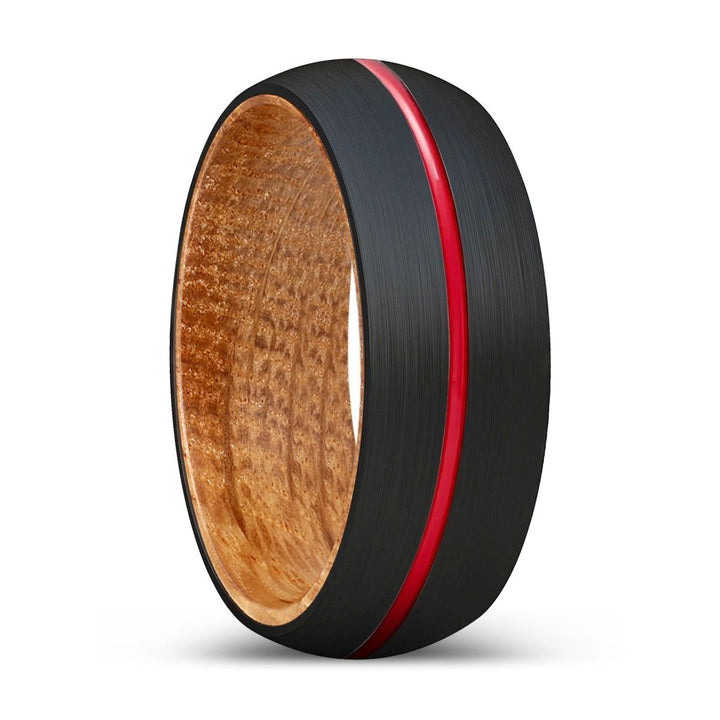 DARTH | Whiskey Barrel Wood, Black Tungsten Ring, Red Groove, Domed - Rings - Aydins Jewelry - 1