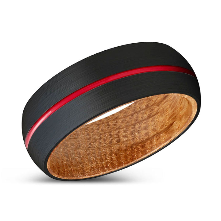 DARTH | Whiskey Barrel Wood, Black Tungsten Ring, Red Groove, Domed - Rings - Aydins Jewelry - 2