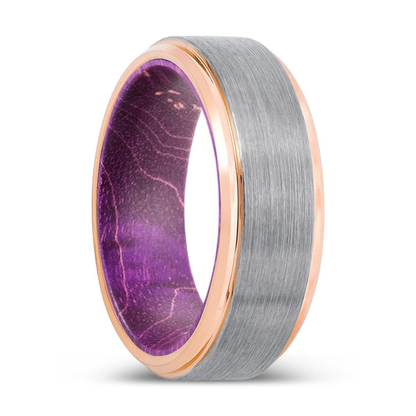 DAVER | Purple Wood, Silver Tungsten Ring, Brushed, Rose Gold Stepped Edge - Rings - Aydins Jewelry - 1