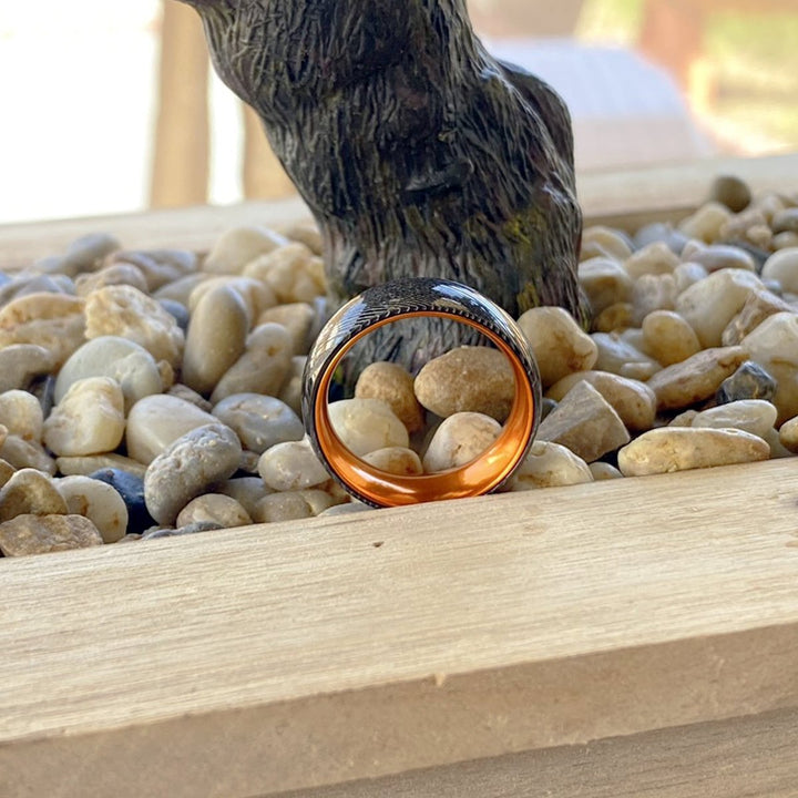 DAWN | Orange Ring, Gunmetal Damascus Steel Ring, Domed - Rings - Aydins Jewelry - 6
