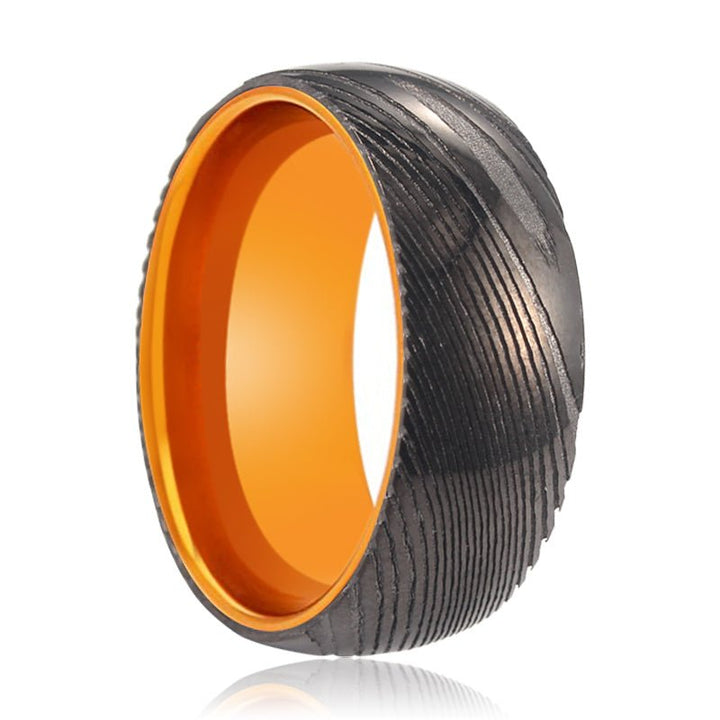 DAWN | Orange Ring, Gunmetal Damascus Steel Ring, Domed - Rings - Aydins Jewelry - 1