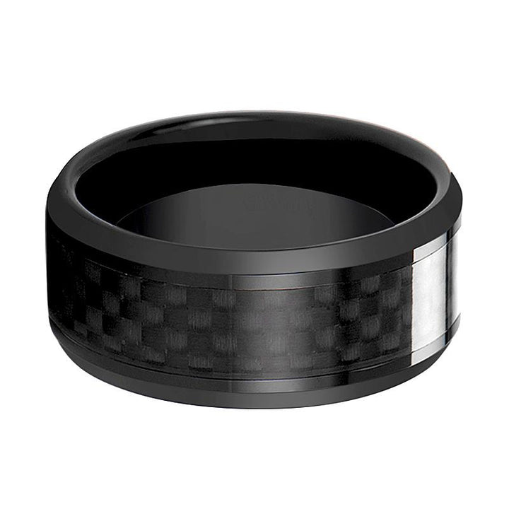 DAYTONA | Black Ceramic Ring, Black Carbon Fiber Inlay, Beveled - Rings - Aydins Jewelry