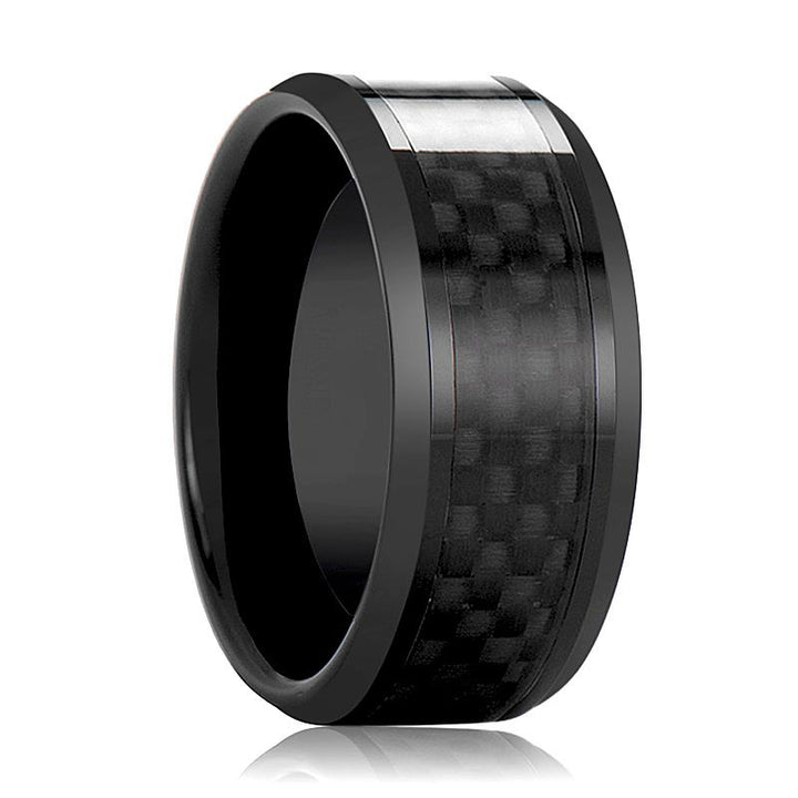 DAYTONA | Black Ceramic Ring, Black Carbon Fiber Inlay, Beveled - Rings - Aydins Jewelry