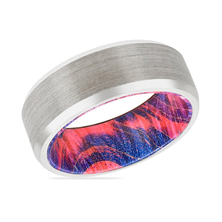 DAZZLE | Blue & Red Wood, Silver Tungsten Ring, Brushed, Beveled - Rings - Aydins Jewelry - 2