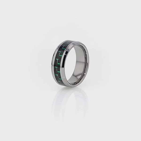 GALACTUS | Silver Tungsten Ring, Green Carbon Fiber, Beveled