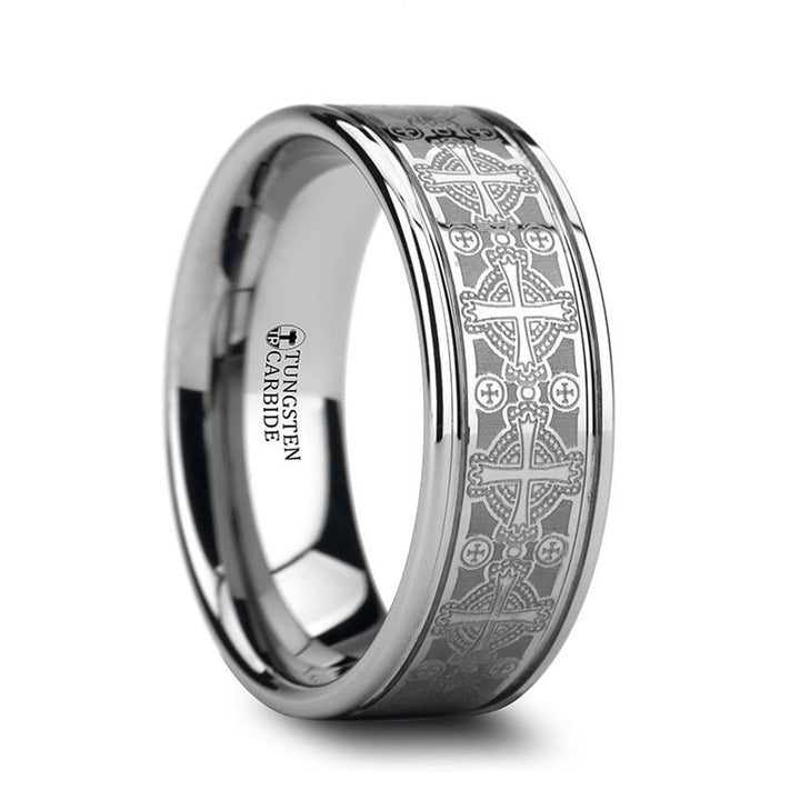 DEACON | Silver Tungsten Ring, Laser Engraved Celtic Crosses, Flat - Rings - Aydins Jewelry