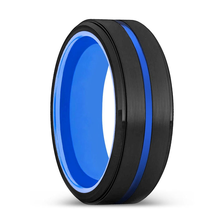 DECIMATION | Blue Ring, Black Tungsten Ring, Blue Groove, Stepped Edge - Rings - Aydins Jewelry