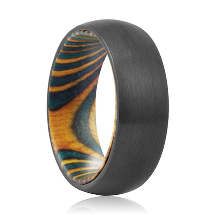 DECKER | Green & Yellow Wood, Black Tungsten Ring, Brushed, Domed - Rings - Aydins Jewelry - 1