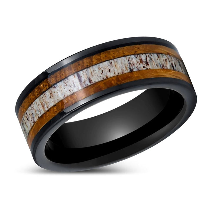 DEERWOOD | Black Tungsten Ring, Deer Antler & Barrel Wood Inlay, Flat - Rings - Aydins Jewelry - 2