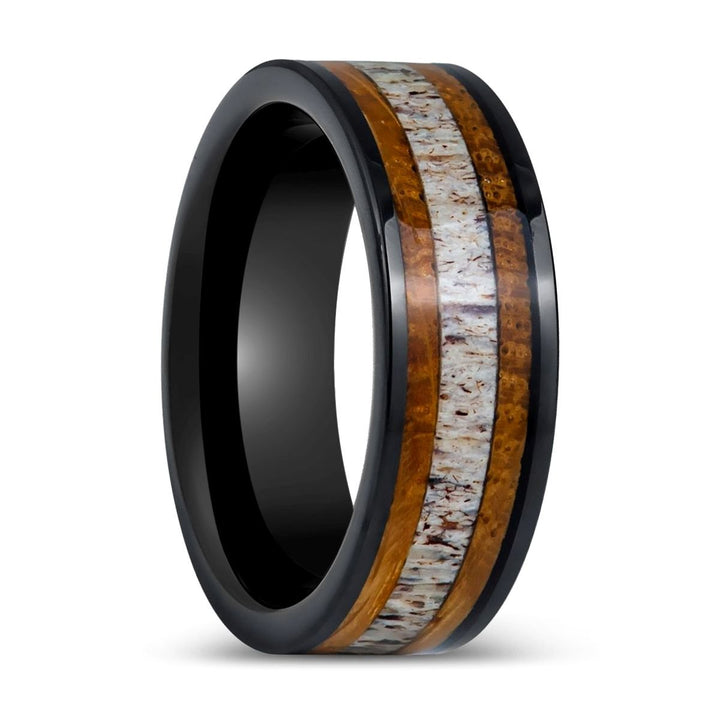 DEERWOOD | Black Tungsten Ring, Deer Antler & Barrel Wood Inlay, Flat - Rings - Aydins Jewelry - 1