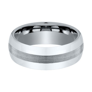 DEFIANCE | Silver Tungsten Ring, Brushed Stripe Center, Domed - Rings - Aydins Jewelry - 2