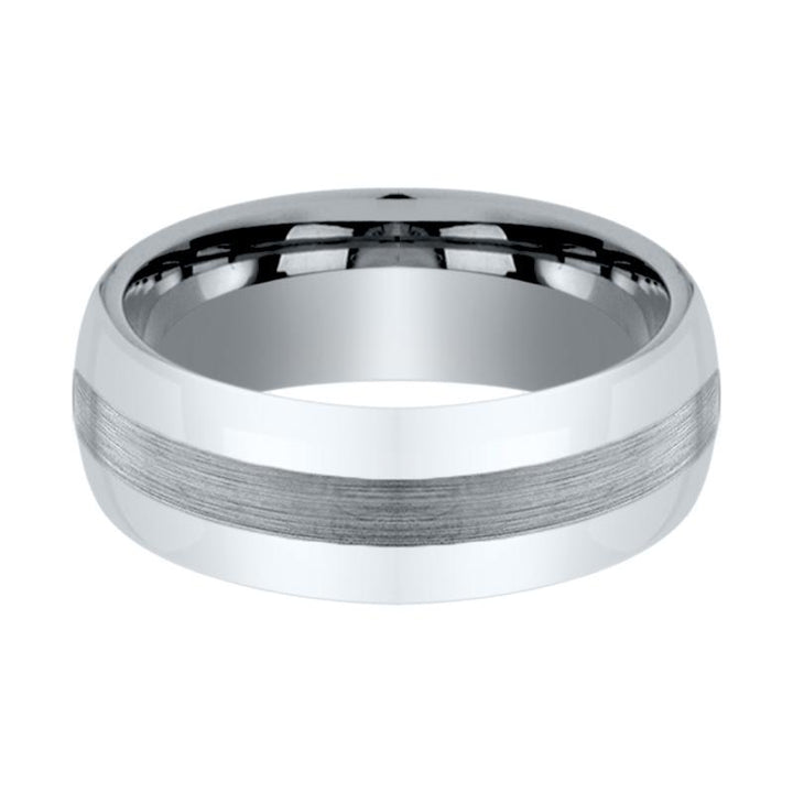 DEFIANCE | Silver Tungsten Ring, Brushed Stripe Center, Domed - Rings - Aydins Jewelry - 2