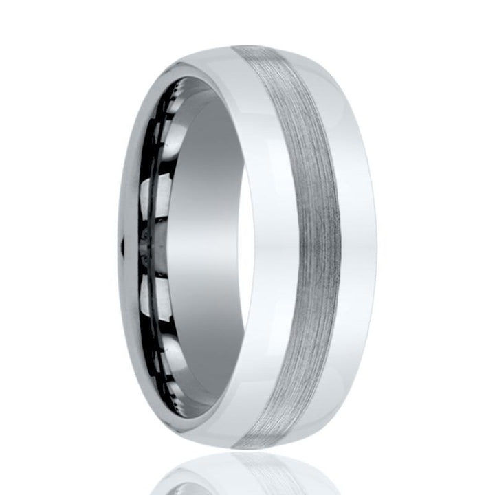 DEFIANCE | Silver Tungsten Ring, Brushed Stripe Center, Domed