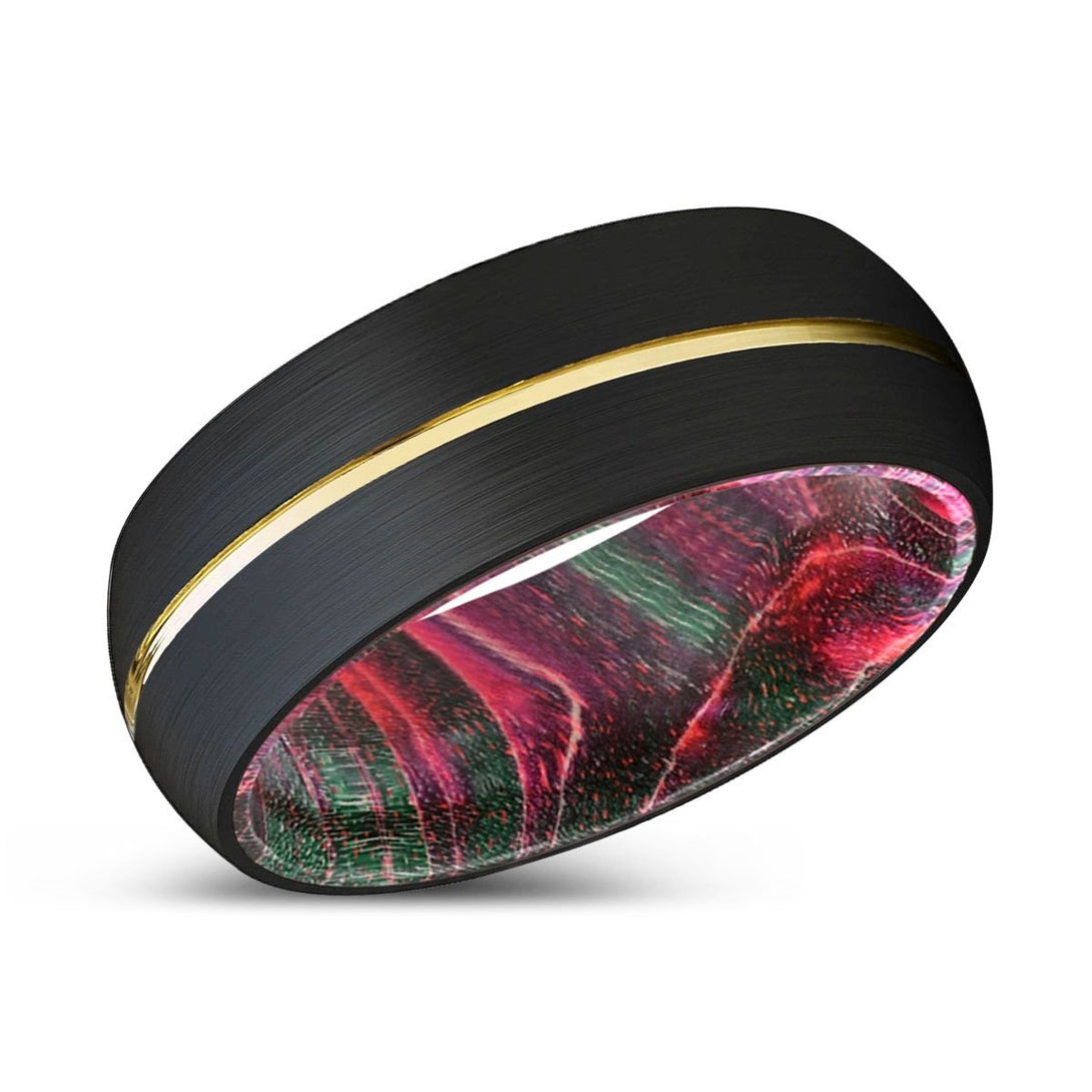 DEFIANT | Green & Red Wood, Black Tungsten Ring, Gold Groove, Domed - Rings - Aydins Jewelry - 2