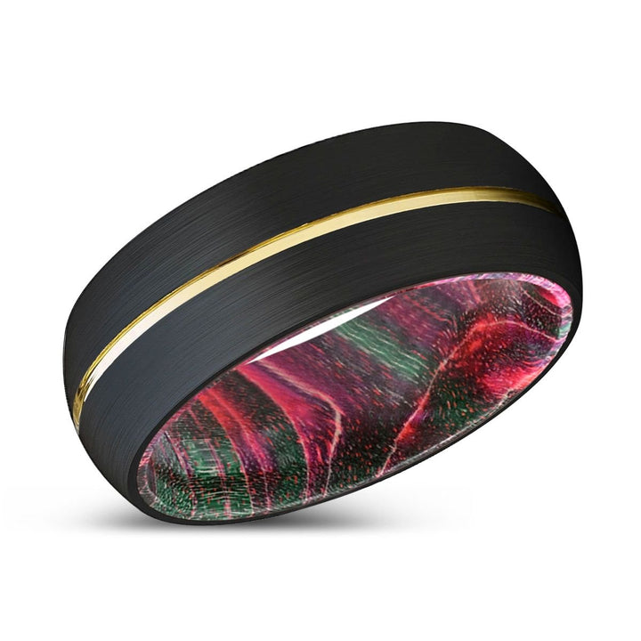 DEFIANT | Green & Red Wood, Black Tungsten Ring, Gold Groove, Domed - Rings - Aydins Jewelry - 2