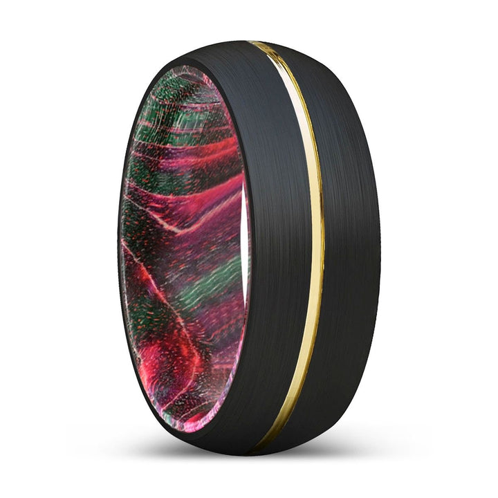 DEFIANT | Green & Red Wood, Black Tungsten Ring, Gold Groove, Domed - Rings - Aydins Jewelry - 1