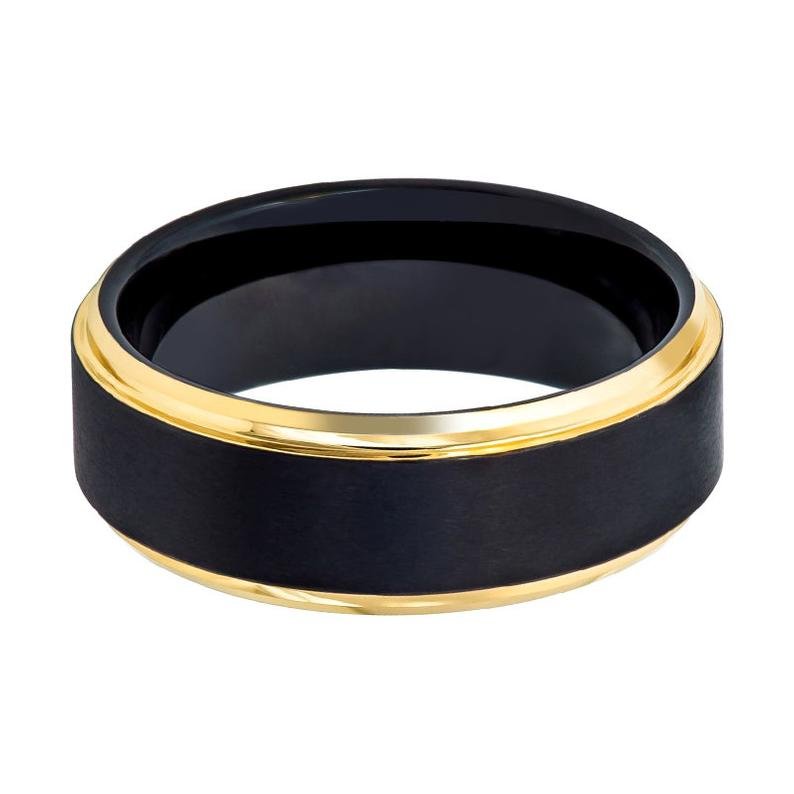 DEIMOS | Black Tungsten Ring, Brushed, Gold Stepped Edge - Rings - Aydins Jewelry - 2