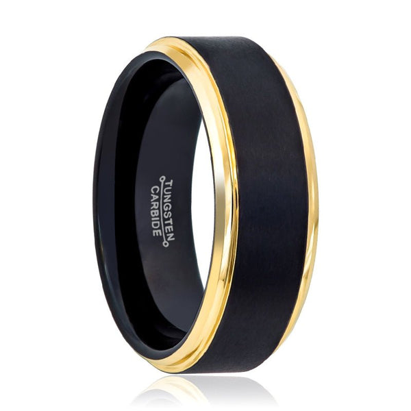 DEIMOS | Black Tungsten Ring, Brushed, Gold Stepped Edge - Rings - Aydins Jewelry - 1