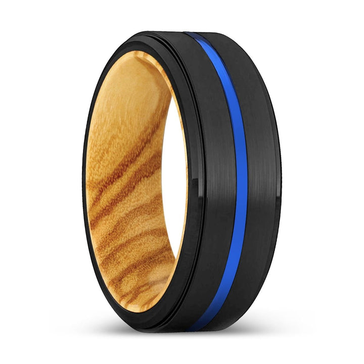 DELIGHT | Olive Wood, Black Tungsten Ring, Blue Groove, Stepped Edge - Rings - Aydins Jewelry - 1