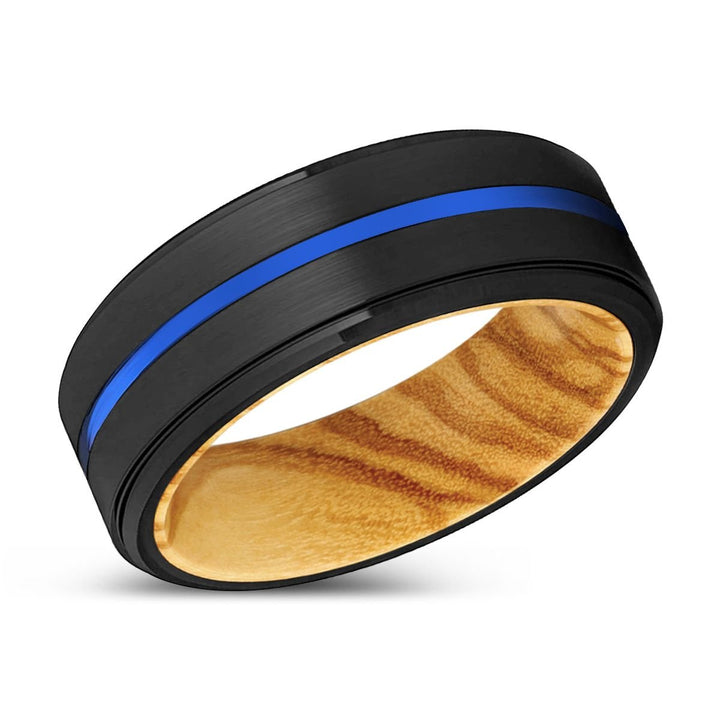 DELIGHT | Olive Wood, Black Tungsten Ring, Blue Groove, Stepped Edge - Rings - Aydins Jewelry - 2