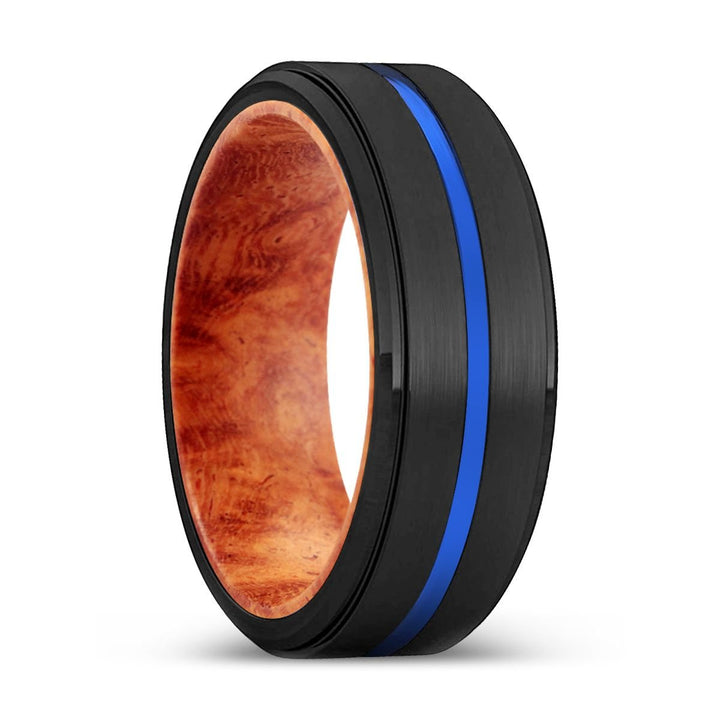 DELIGHTED | Red Burl Wood, Black Tungsten Ring, Blue Groove, Stepped Edge - Rings - Aydins Jewelry