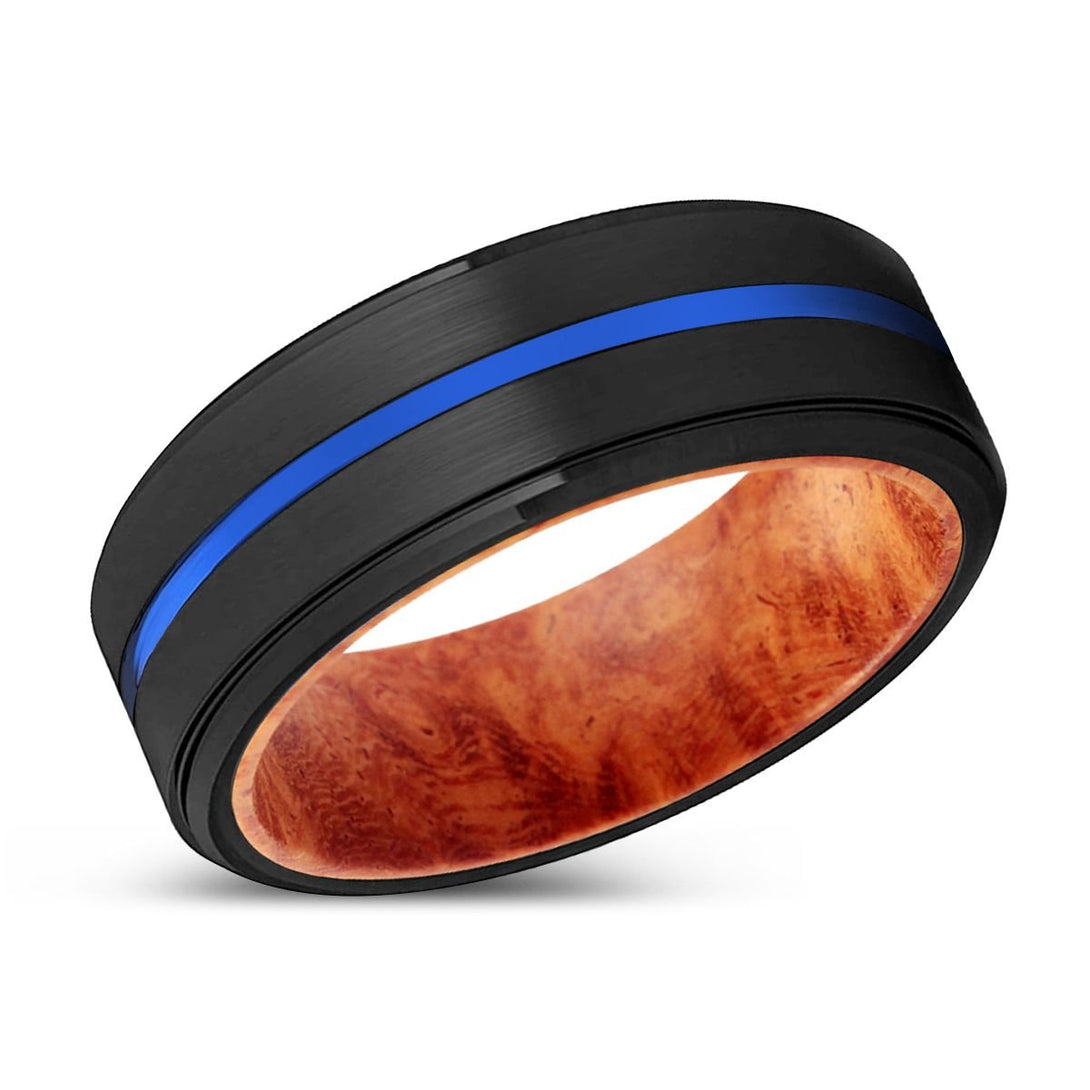 DELIGHTED | Red Burl Wood, Black Tungsten Ring, Blue Groove, Stepped Edge - Rings - Aydins Jewelry - 2