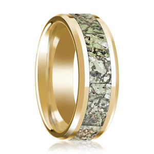 Dinosaur Bone inlay 14k yellow gold wedding band, top view