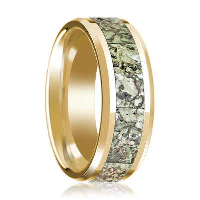 Dinosaur Bone inlay 14k yellow gold wedding band, top view