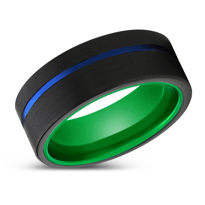 DEMONIO | Green Ring, Black Tungsten Ring, Blue Offset Groove, Flat - Rings - Aydins Jewelry - 2