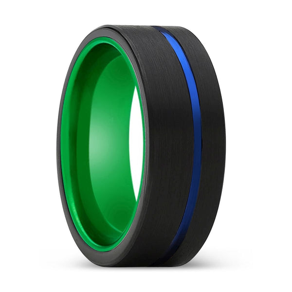 DEMONIO | Green Ring, Black Tungsten Ring, Blue Offset Groove, Flat - Rings - Aydins Jewelry - 1