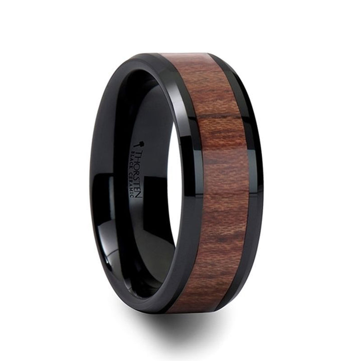 DENALI | Black Ceramic Ring, Rose Wood Inlay, Beveled, 10mm, 12mm - Rings - Aydins Jewelry