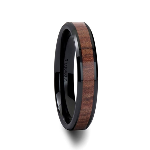 DENALI | Black Ceramic Ring, Rose Wood Inlay, Beveled, 4mm, 6mm, 7mm, 8mm - Rings - Aydins Jewelry - 1