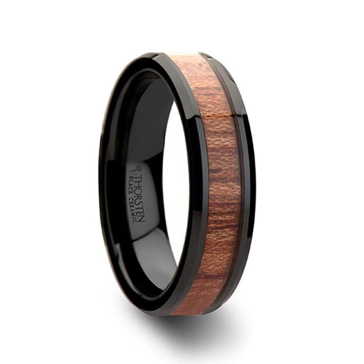 DENALI | Black Ceramic Ring, Rose Wood Inlay, Beveled, 4mm, 6mm, 7mm, 8mm - Rings - Aydins Jewelry - 4