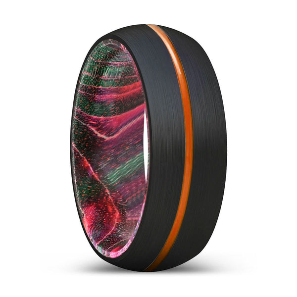 DENDRO | Green & Red Wood, Black Tungsten Ring, Orange Groove, Domed - Rings - Aydins Jewelry - 1