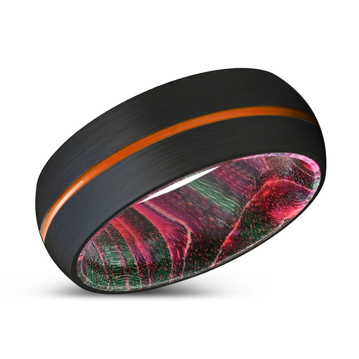 DENDRO | Green & Red Wood, Black Tungsten Ring, Orange Groove, Domed - Rings - Aydins Jewelry - 2