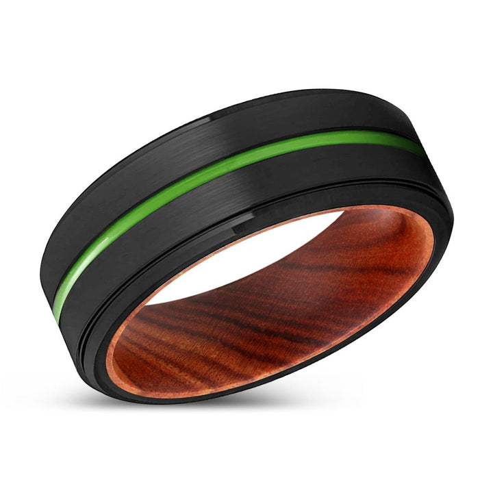 DENTON | IRON Wood, Black Tungsten Ring, Green Groove, Stepped Edge - Rings - Aydins Jewelry