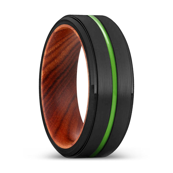 DENTON | IRON Wood, Black Tungsten Ring, Green Groove, Stepped Edge - Rings - Aydins Jewelry - 1