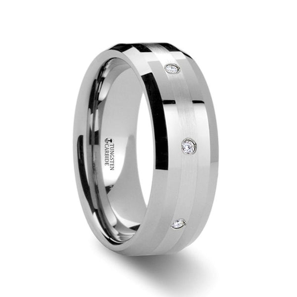 DEVONSHIRE | Silver Tungsten Ring Palladium Inlay & Diamonds, Beveled - Rings - Aydins Jewelry - 1