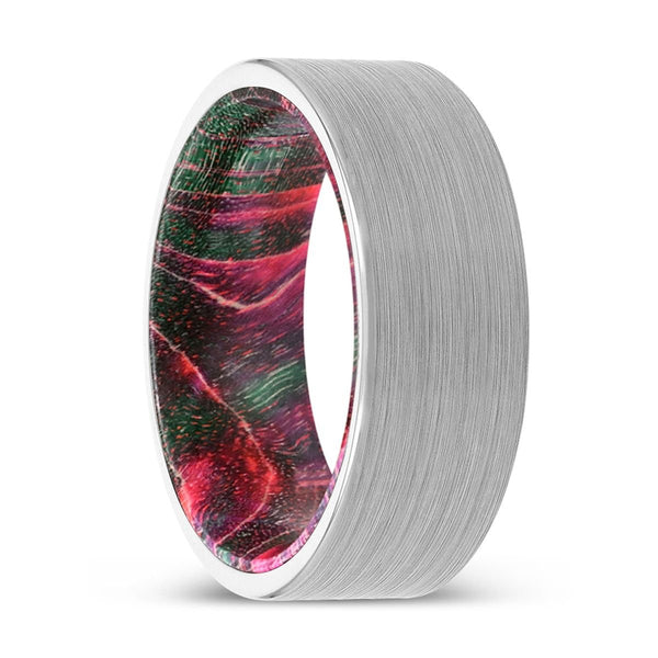 DIEGO | Green & Red Wood, White Tungsten Ring, Brushed, Flat - Rings - Aydins Jewelry - 1