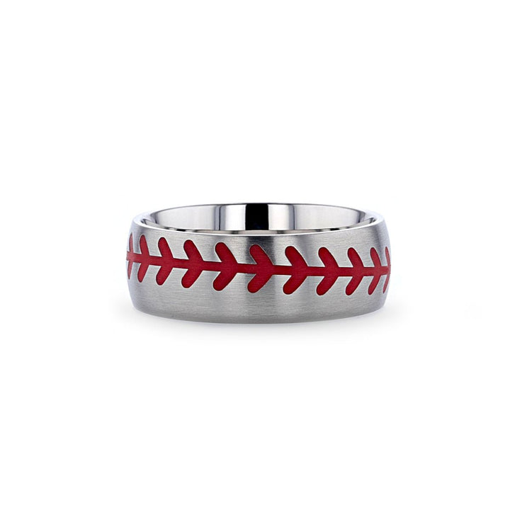 DIMAGGIO | Silver Titanium Ring, Red Baseball Stitching, Domed - Rings - Aydins Jewelry